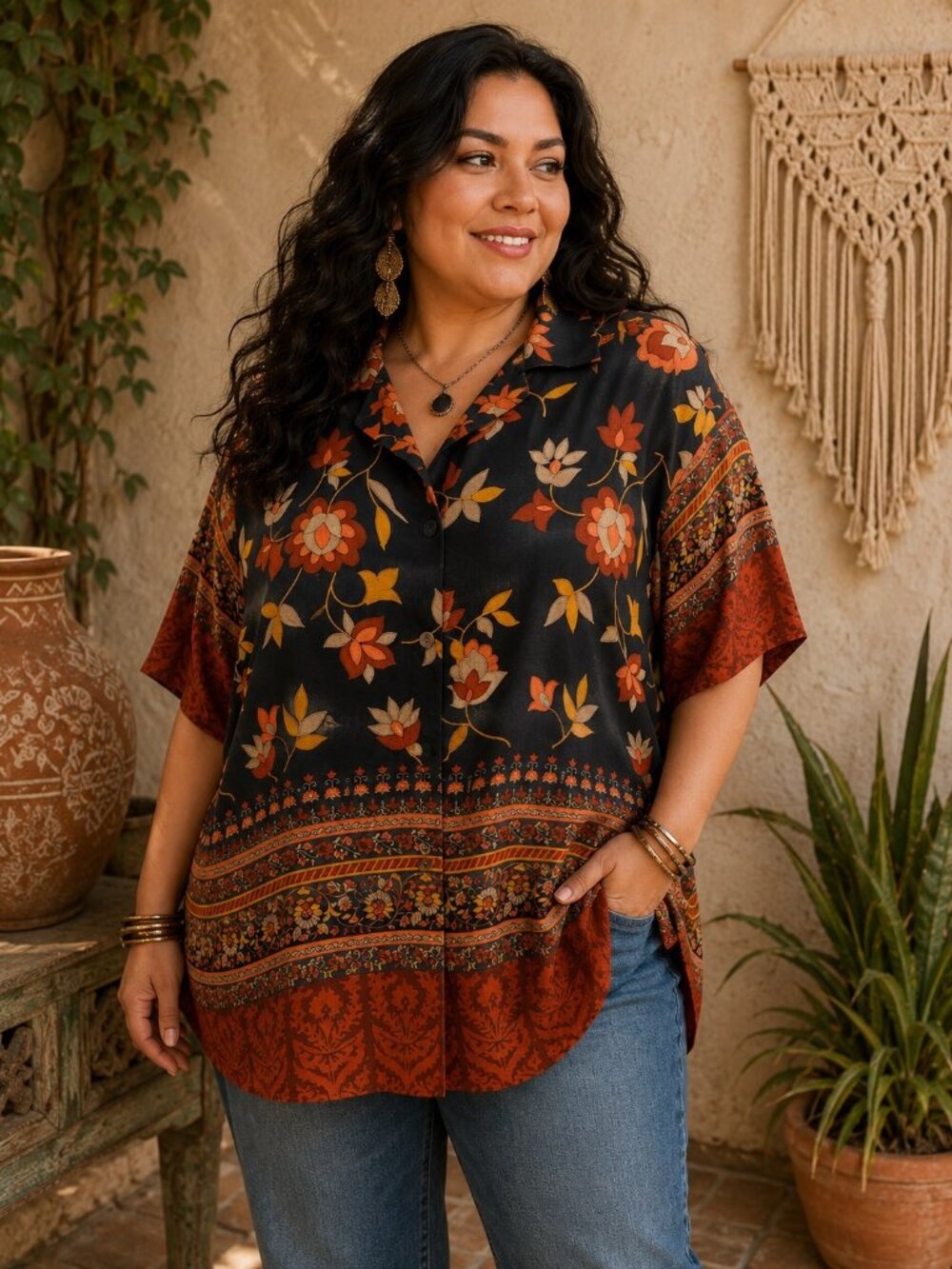 Abria Woman Size 20 Floral Border Print Blouse Rayon Button Front Boho Top Made